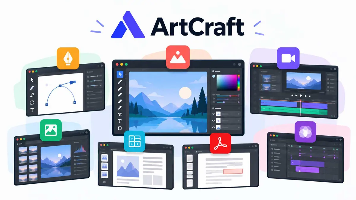 Flat illustration comparing ArtCraft's open-source creative apps with Adobe Creative Cloud.