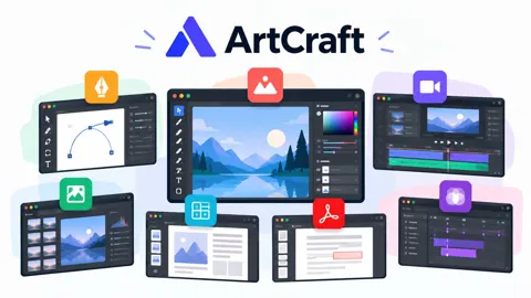 Flat illustration comparing ArtCraft's open-source creative apps with Adobe Creative Cloud.