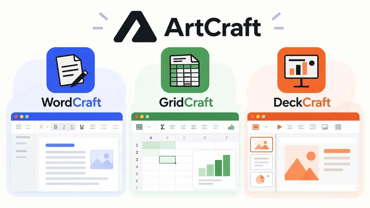 Flat illustration of a document, spreadsheet, and presentation app representing ArtCraft’s WordCraft, GridCraft, and DeckCraft software.