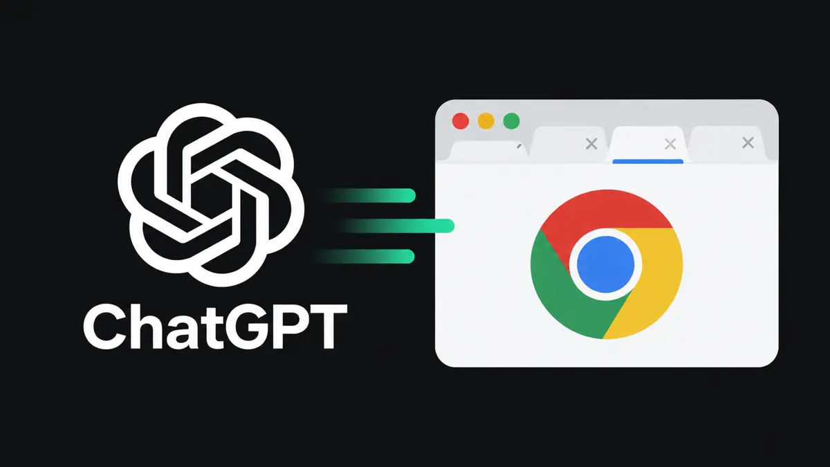 Flat illustration of ChatGPT working beside several open browser tabs on a desktop screen