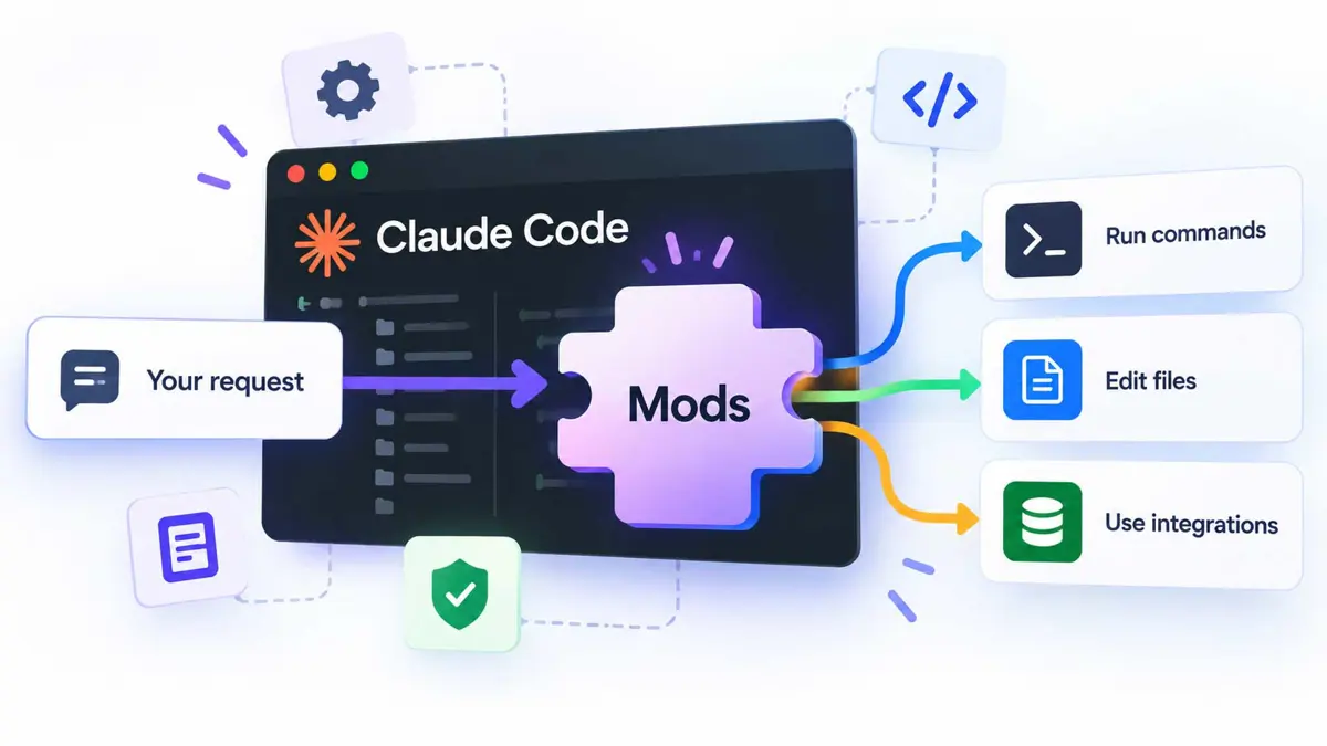 Claude Code Mods customizing an AI coding workflow with code blocks, tool controls, and a security shield