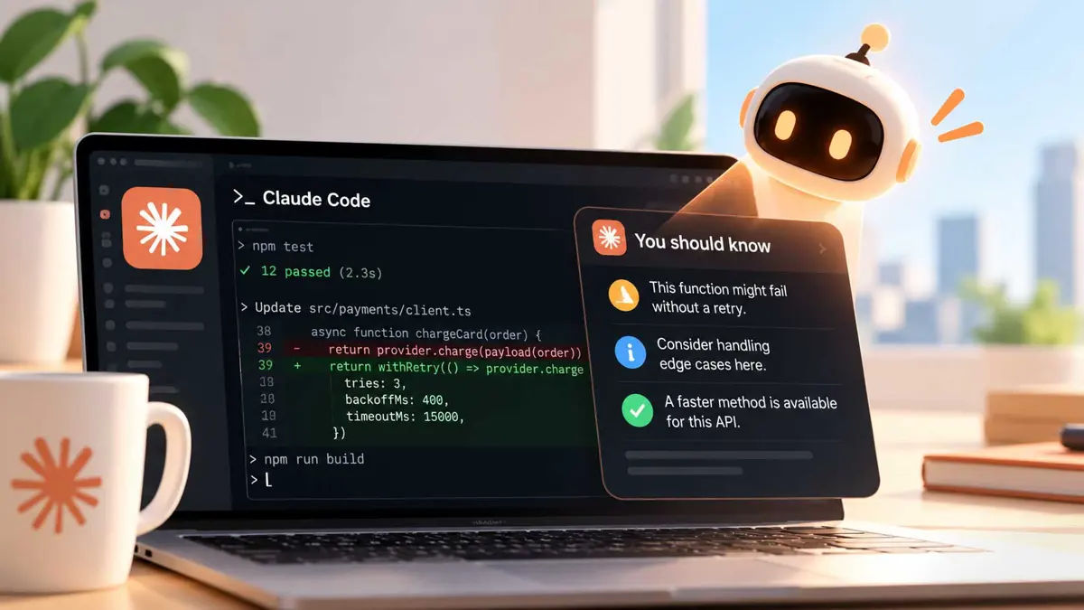 Illustration of a Claude Code side agent monitoring an AI coding session and surfacing important information
