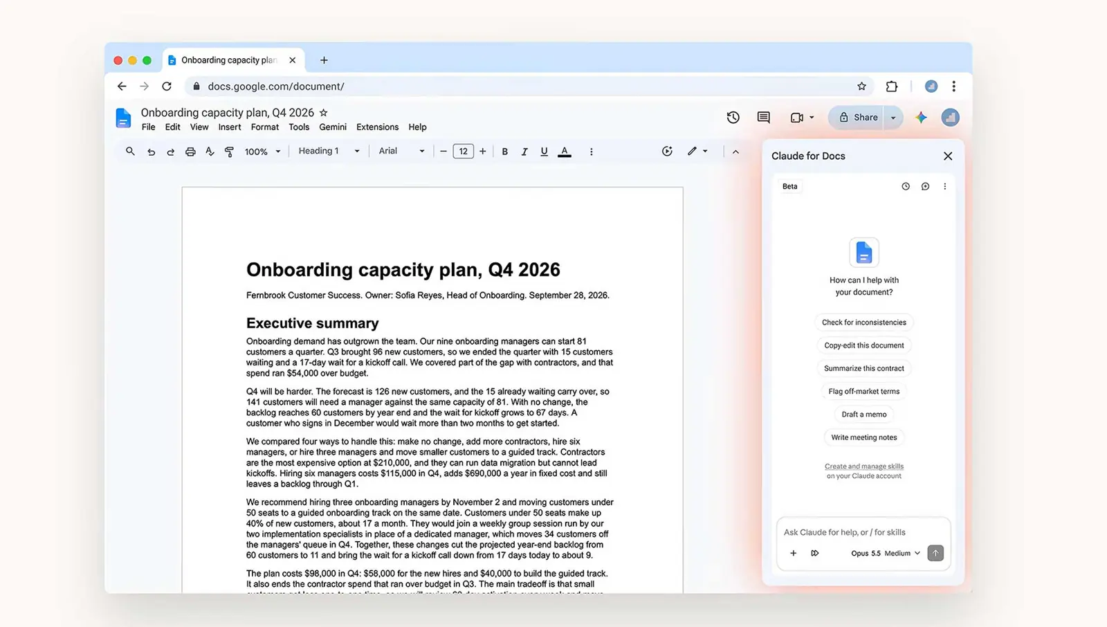 Claude sidebar open beside a Google Docs document