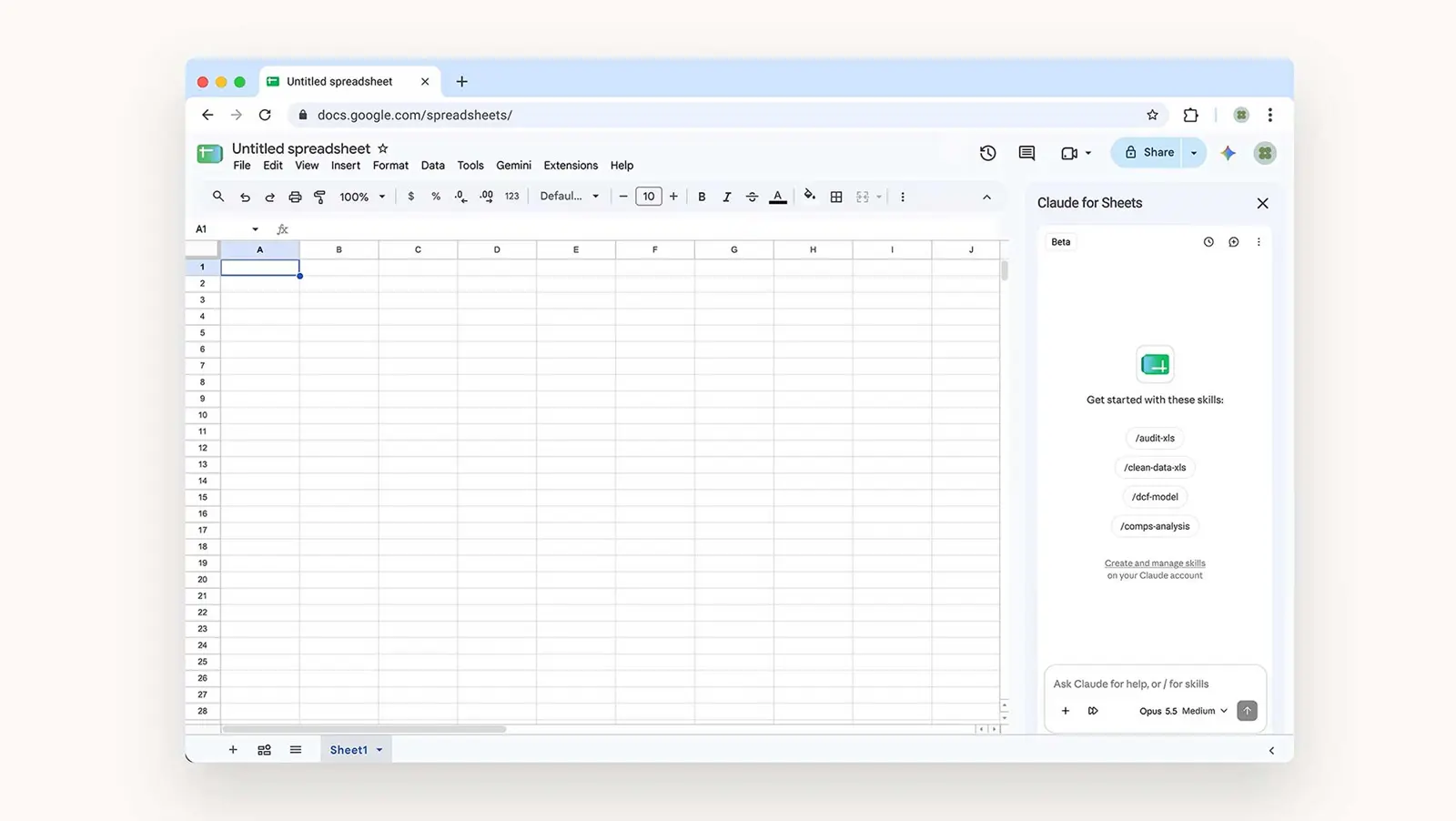 Claude sidebar open beside a Google Sheets spreadsheet