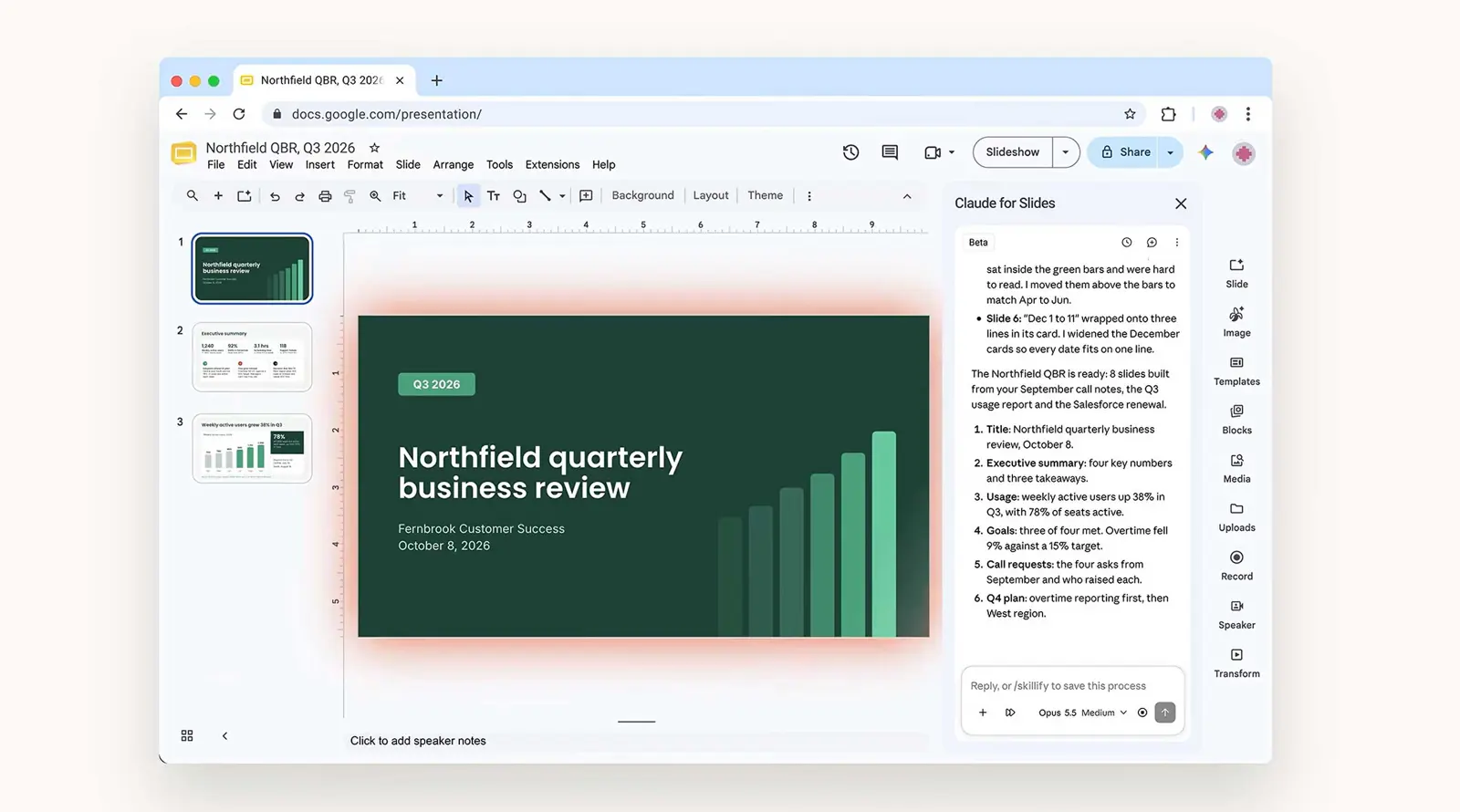 Claude sidebar open beside a Google Slides presentation