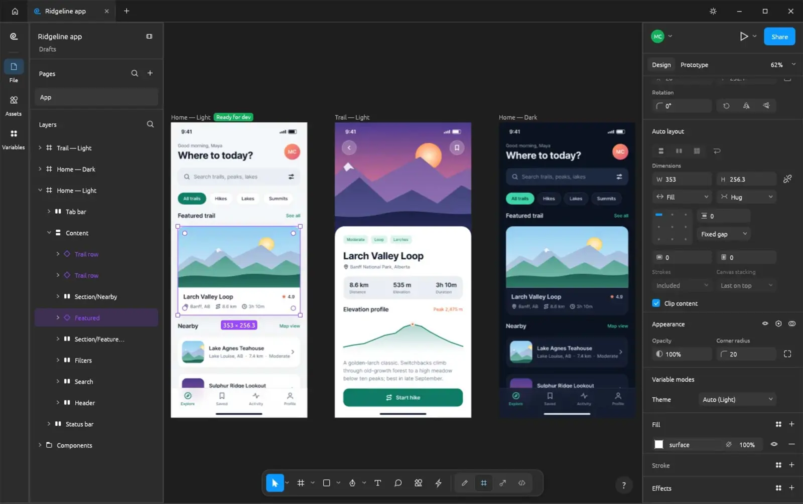 FigCraft editing a hiking app design with multiple mobile screens, a layer tree, and layout controls