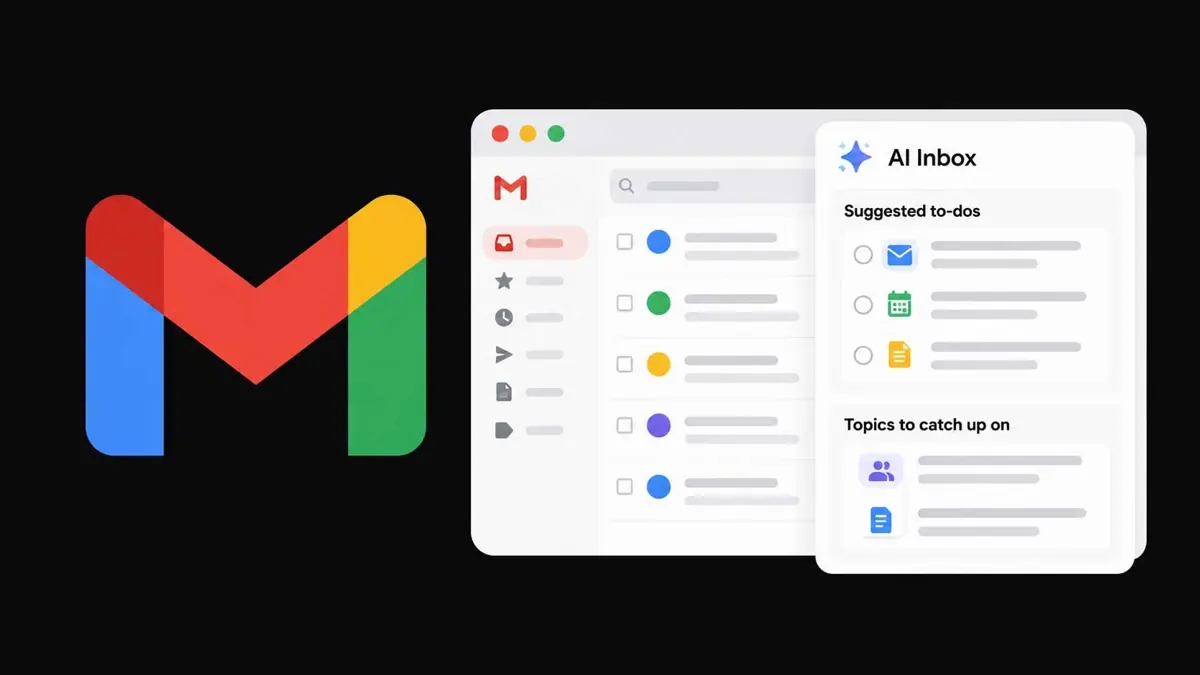 Gmail interface with an AI Inbox panel organizing email action items into suggested to-dos and topic summaries.