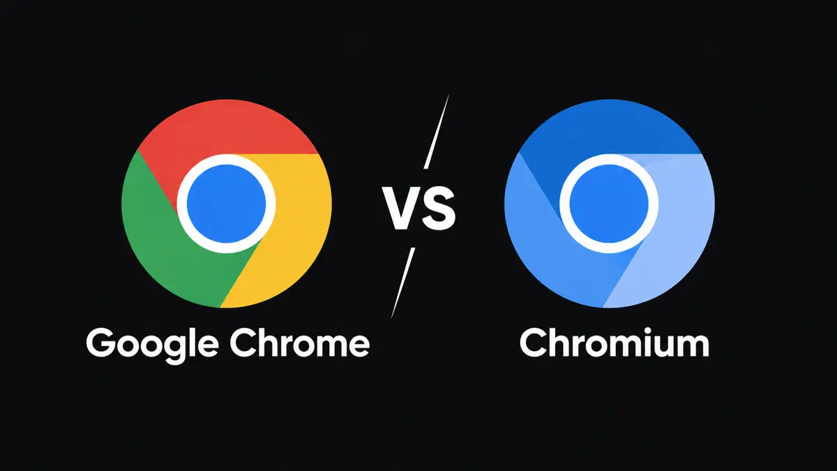 Flat illustration comparing the Google Chrome logo with the blue Chromium logo beside an open-source code symbol
