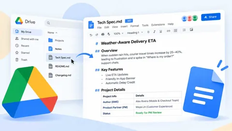 Google Docs editing Markdown files directly with an MD badge and collaborative document interface