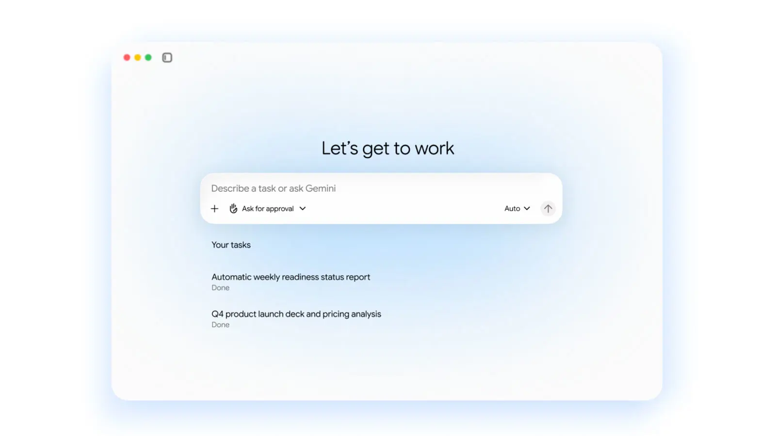 Google Gemini agent announcement graphic showing AI-assisted work across business applications
