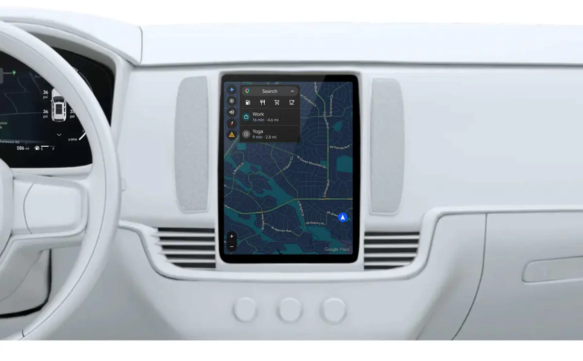 Car dashboard showing a voice assistant using connected Google services to help with navigation and personal requests