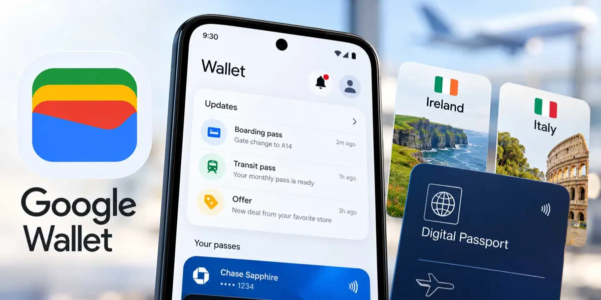 Flat illustration of a smartphone displaying a digital wallet notification bell and a passport-based ID pass