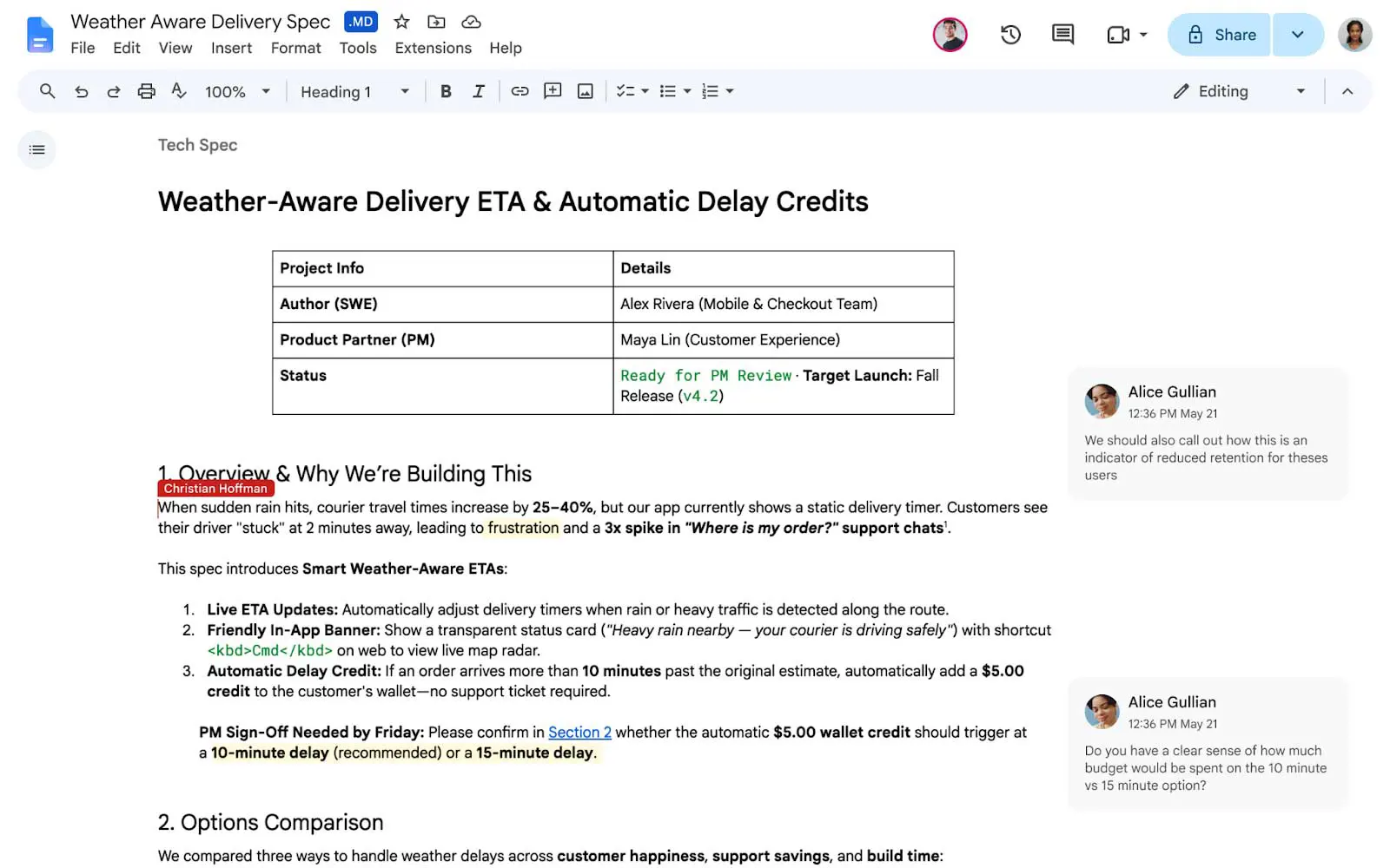 Google Docs editing a Markdown file with an MD badge, formatted headings, table content, and collaborator comments