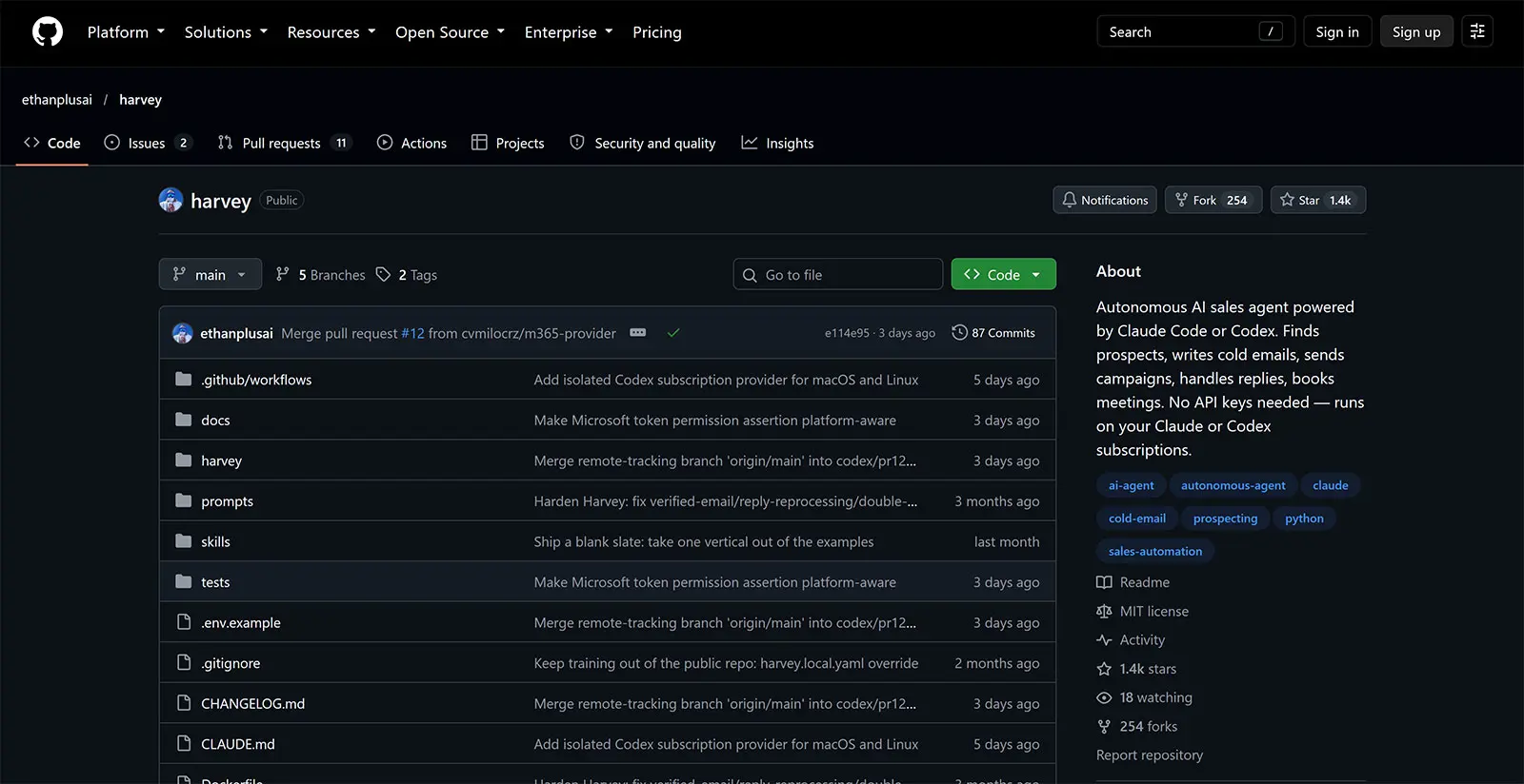 Harvey GitHub repository README describing its autonomous AI sales workflow