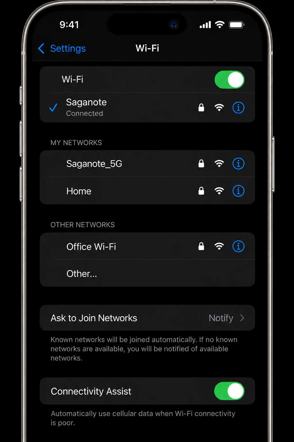 iPhone Wi-Fi settings showing the Connectivity Assist switch
