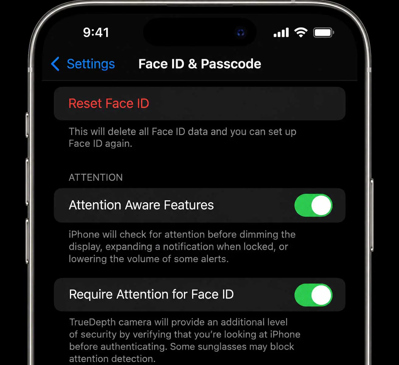 iPhone Settings Face ID and Passcode screen showing Reset Face ID and attention options