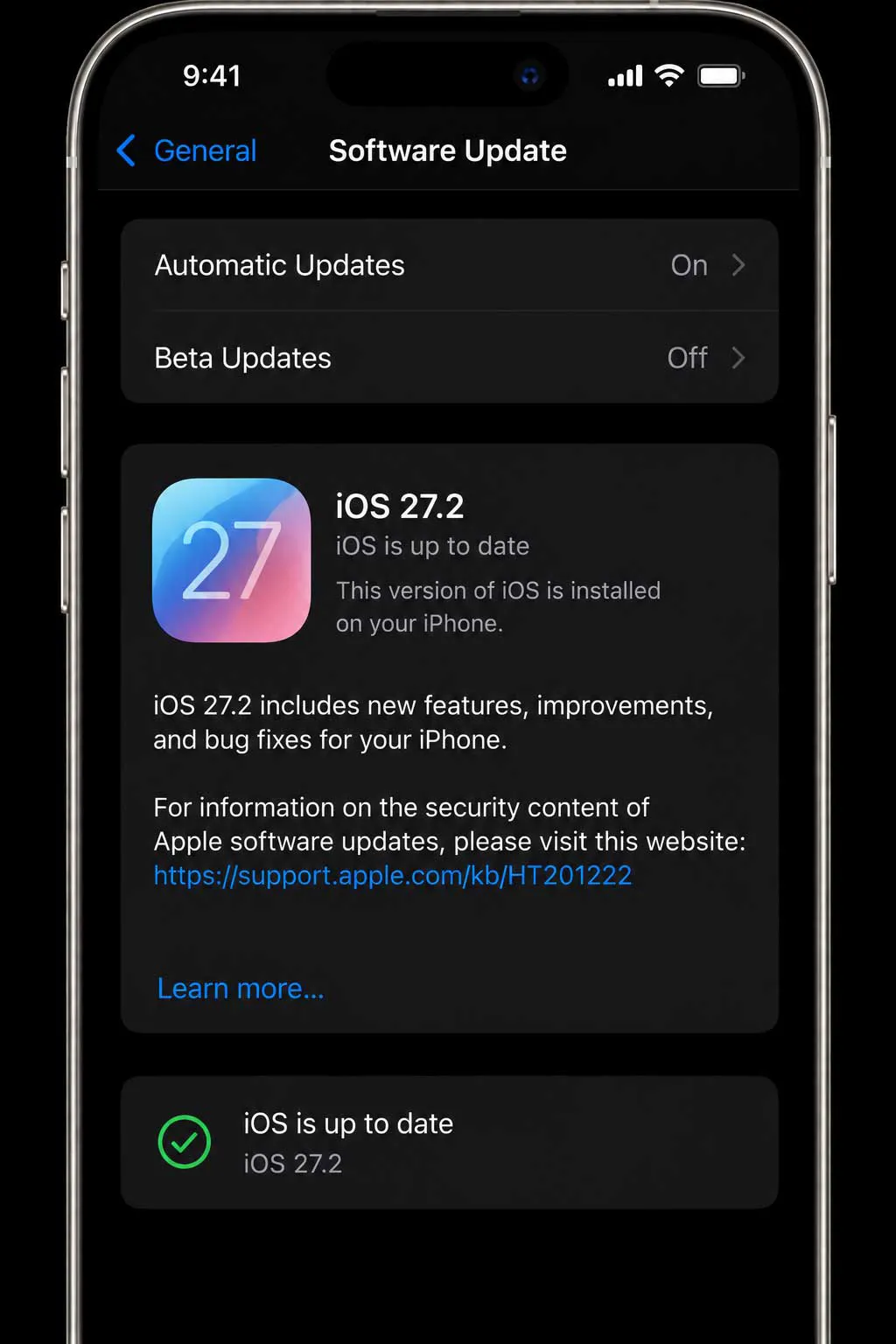 iPhone Software Update screen showing iOS 27.2 installed