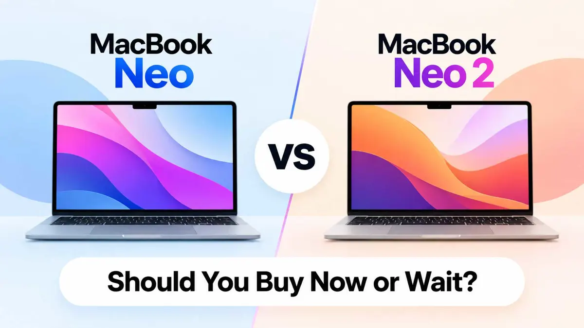 MacBook Neo compared with a conceptual MacBook Neo 2 in a side-by-side laptop graphic