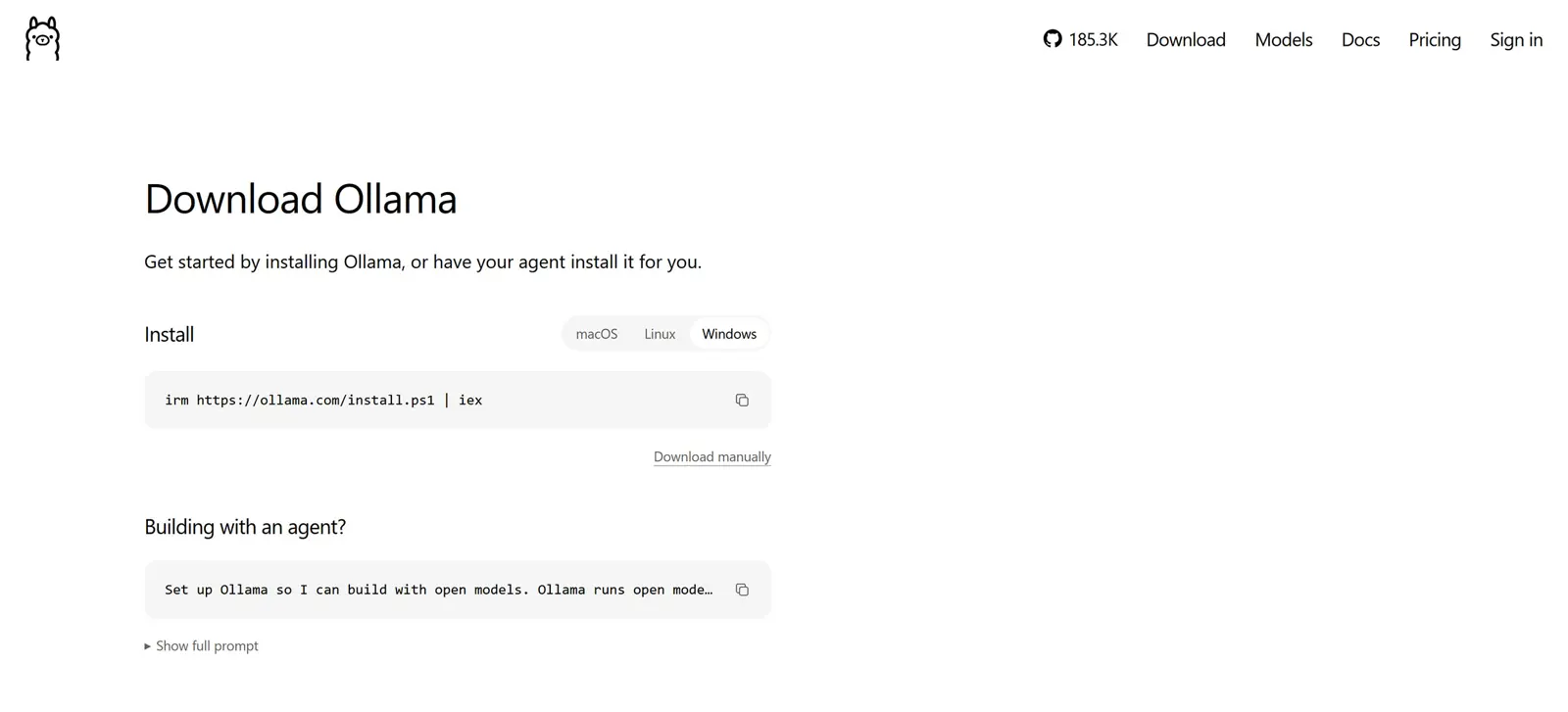 Ollama download page with the Windows tab selected