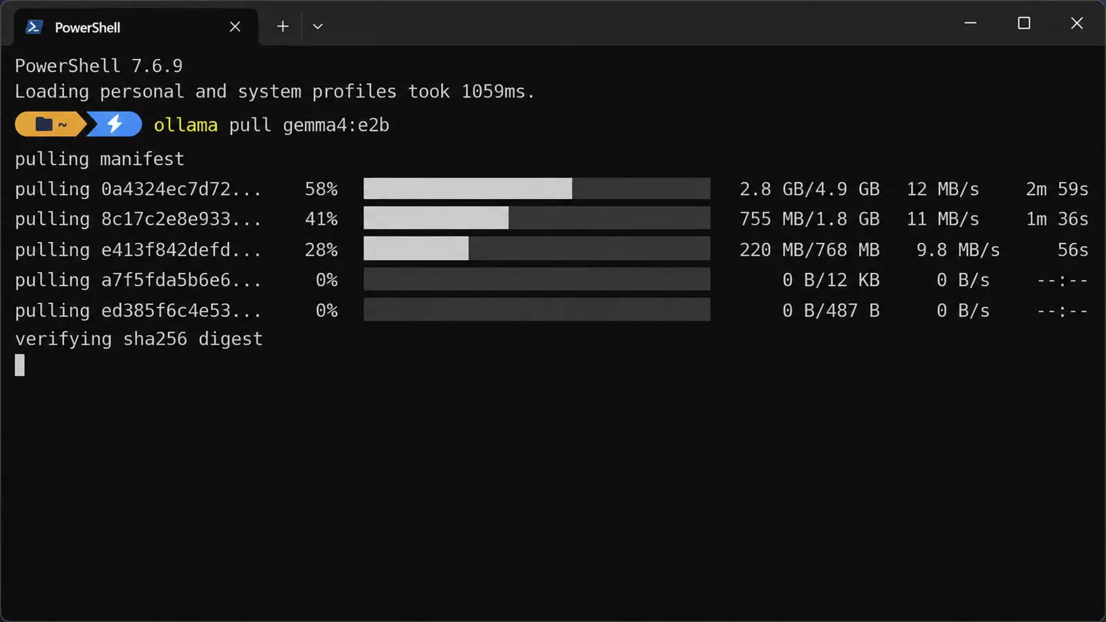 Terminal showing ollama pull gemma4:e2b download progress
