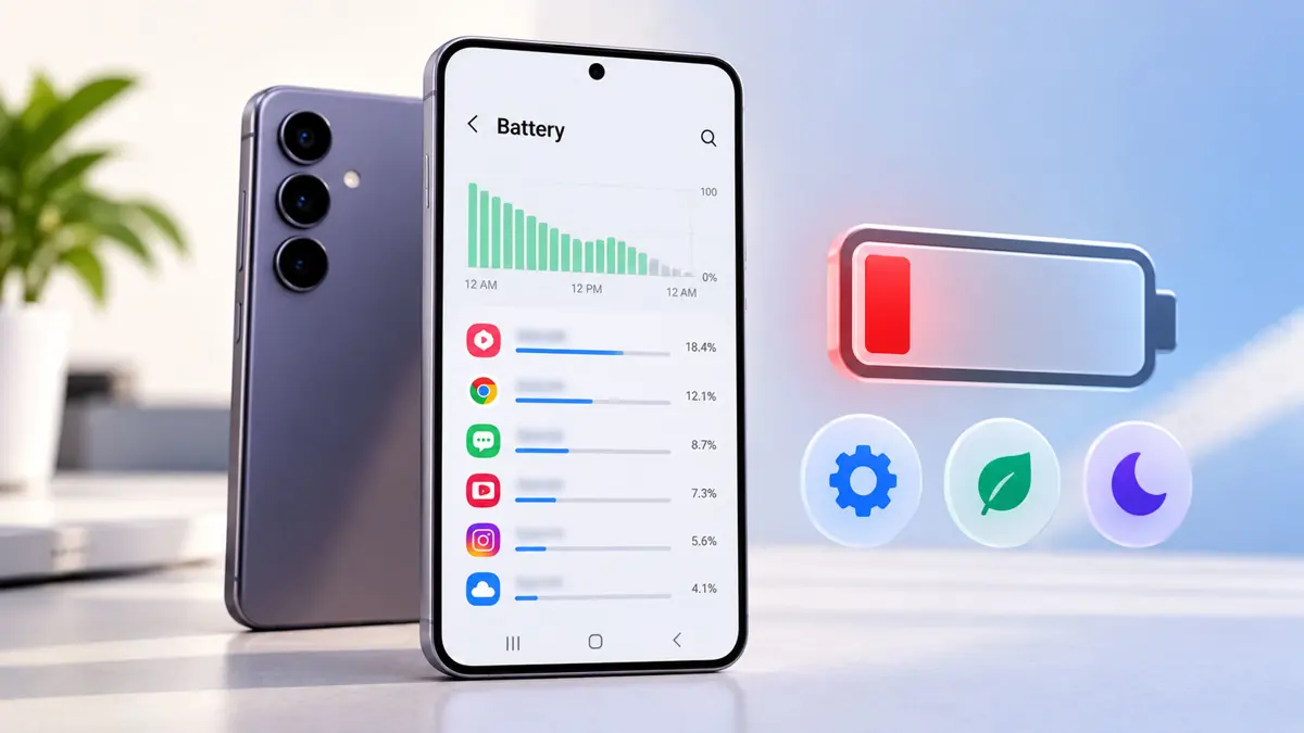 Illustration of a smartphone with a partly drained battery and a magnifying glass