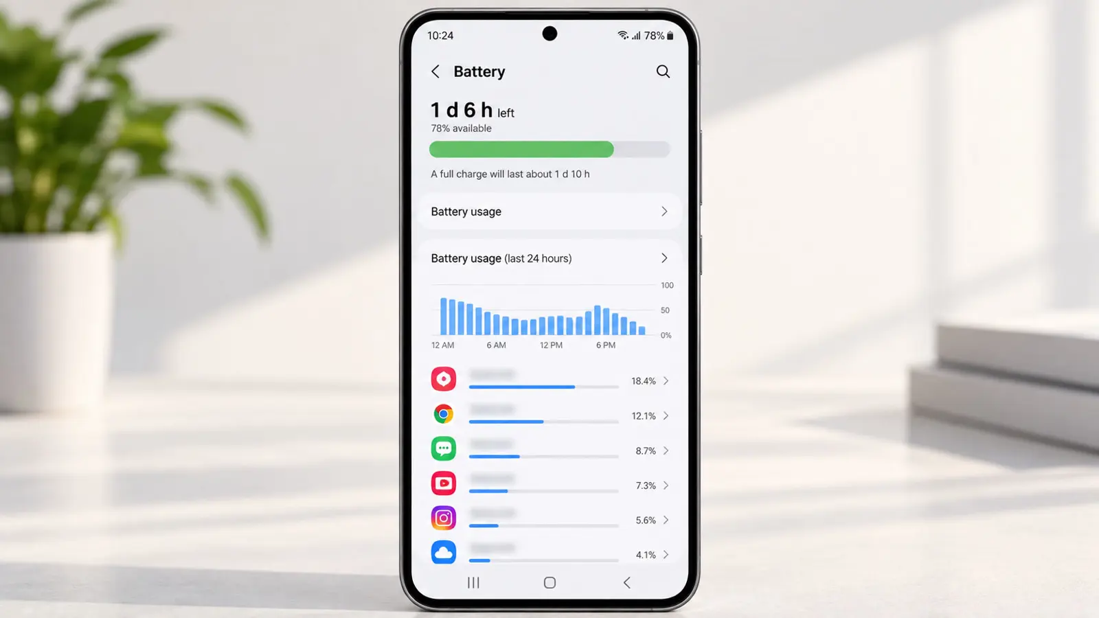 Galaxy S24 Settings Battery screen on One UI 9 listing battery use by app