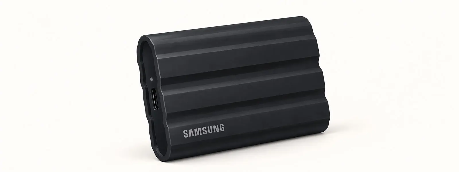 Samsung T7 Shield portable external SSD with its rugged protective casing