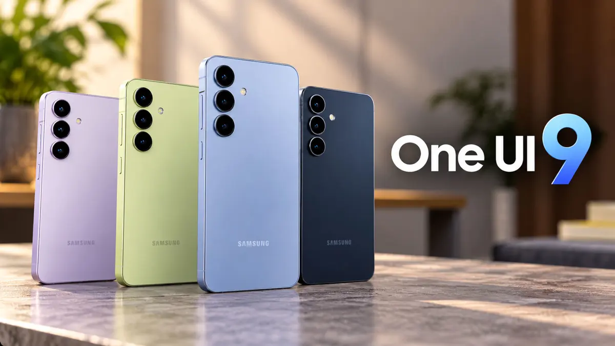 Several Galaxy phones receiving a software update, with a simple update symbol