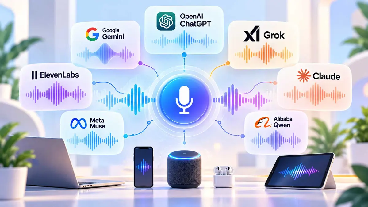 Editorial illustration showing voice AI connecting speech, AI reasoning, and spoken responses across modern voice models