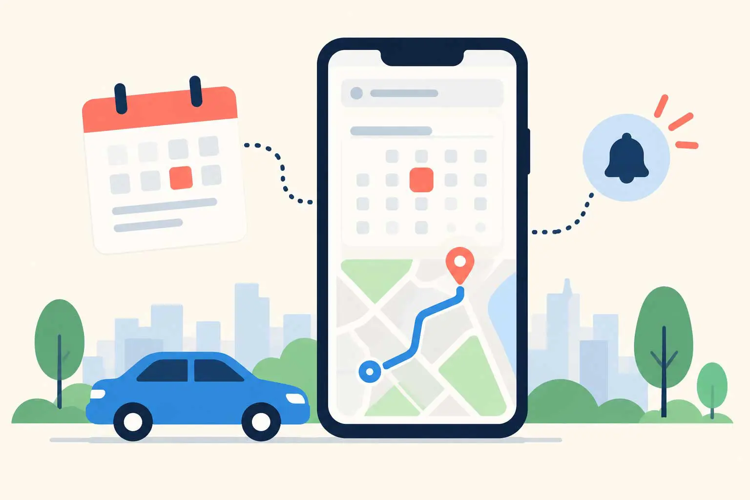Smartphone navigation app connected to a calendar and notification bell