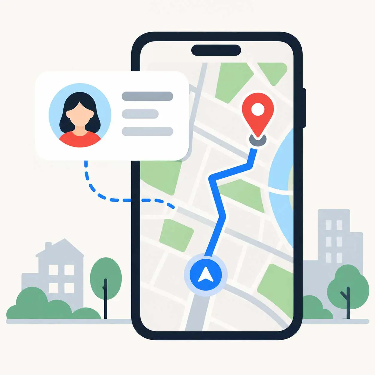 Smartphone navigation map with a saved contact card and a route to a destination