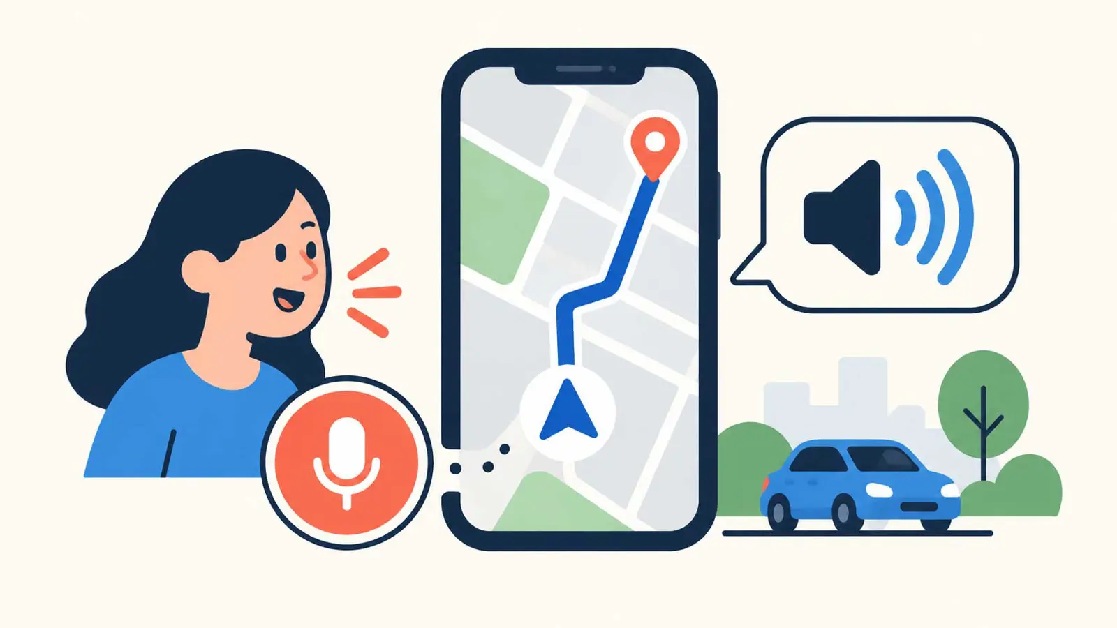 Smartphone navigation illustration with a microphone and a speech bubble representing custom voice directions