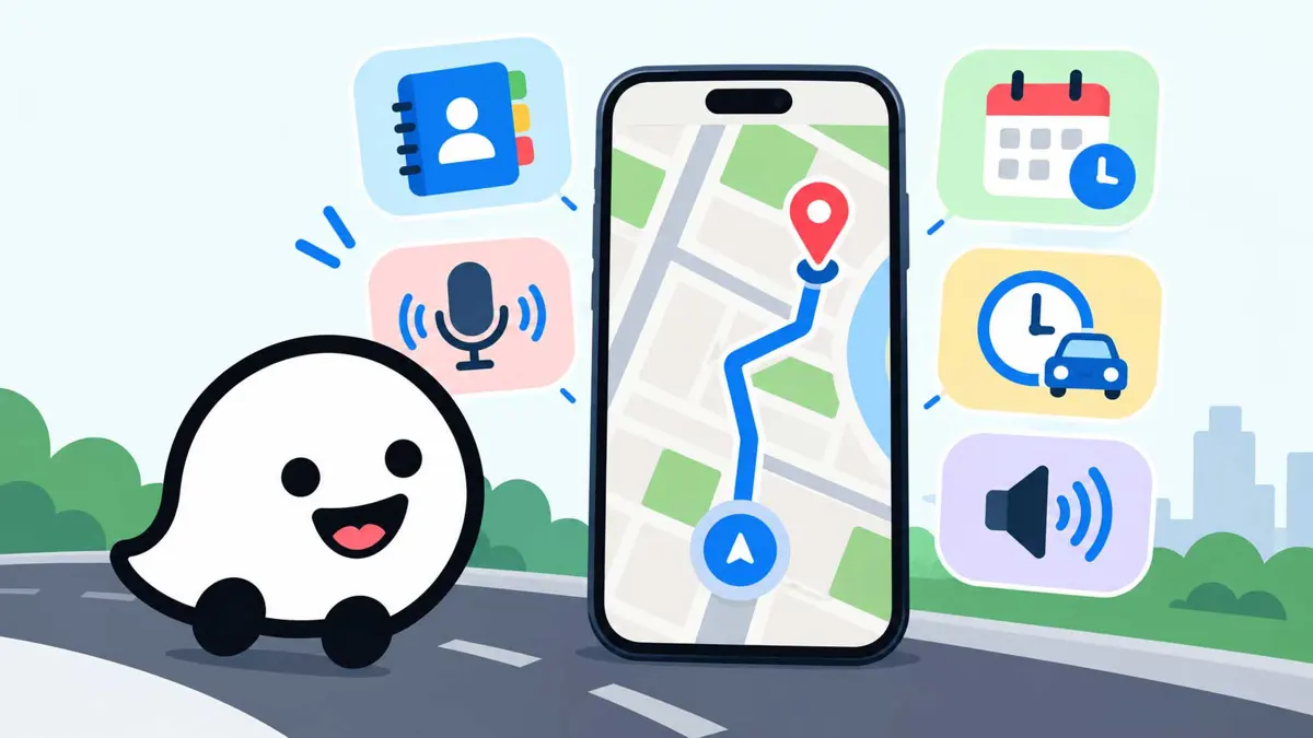 Flat illustration of a smartphone showing a navigation route, location pin, and simple driving-related icons