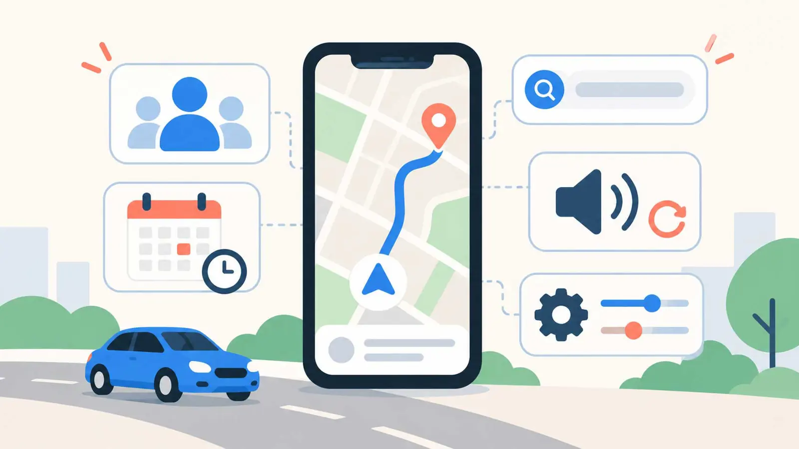 Navigation app with search, speaker, and settings cards representing hidden audio controls