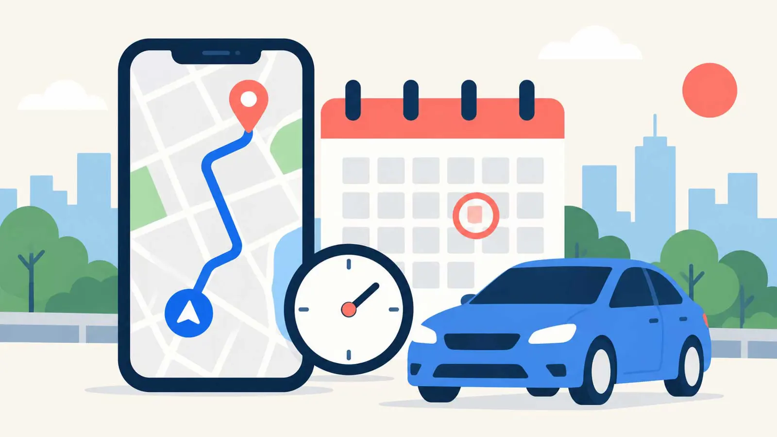 Smartphone map beside a calendar and clock, illustrating a planned drive and departure reminder