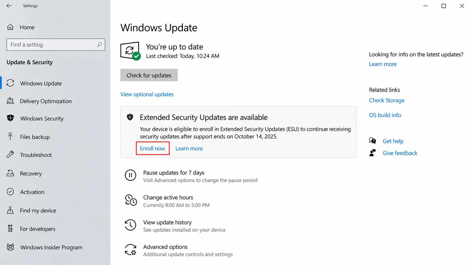 Windows 10 Windows Update settings page showing the Extended Security Updates Enroll now link