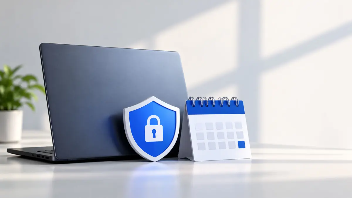 Illustration of a laptop beside a shield and a calendar page
